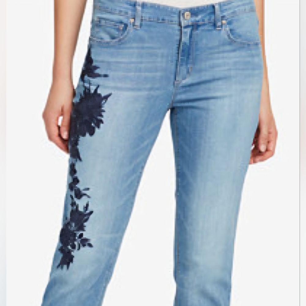 Vintage America Light Blue Jeans with Black Floral Design